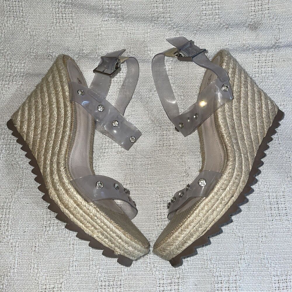 Schutz Women’s Wedge Espadrilles Size 9.5 B Clear Straps Jute Beach Cruise Fun